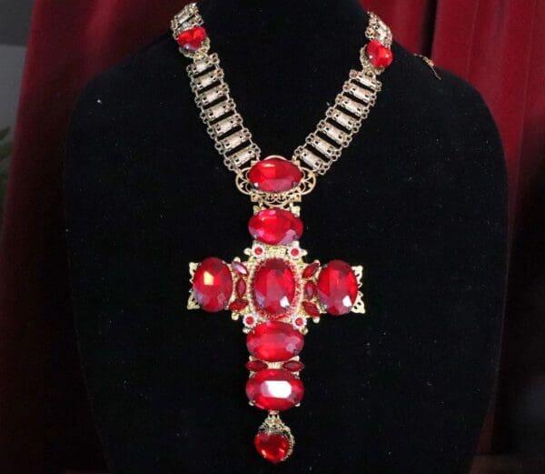 SOLD! 7042 Alta Moda Red Cross Crystal Stunning Huge Pendant Necklace - Image 2