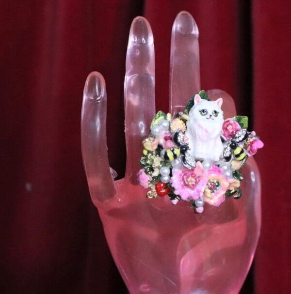 SOLD! 7045 Baroque Art Jewelry Kitty Cat Cocktail Adjustable Ring - Image 3