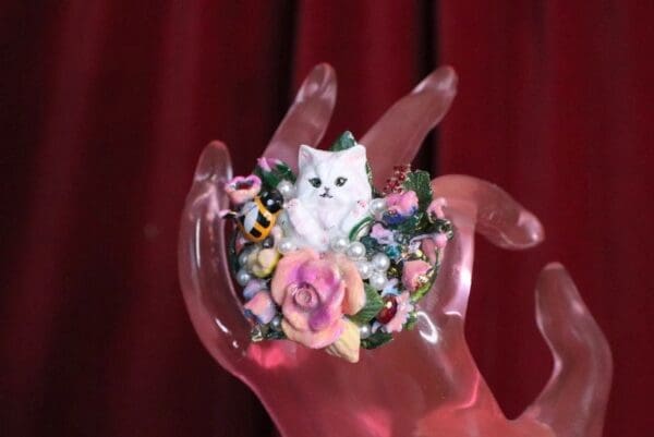 SOLD! 7046 Baroque Art Jewelry Kitty Cat Cocktail Adjustable Ring - Image 3
