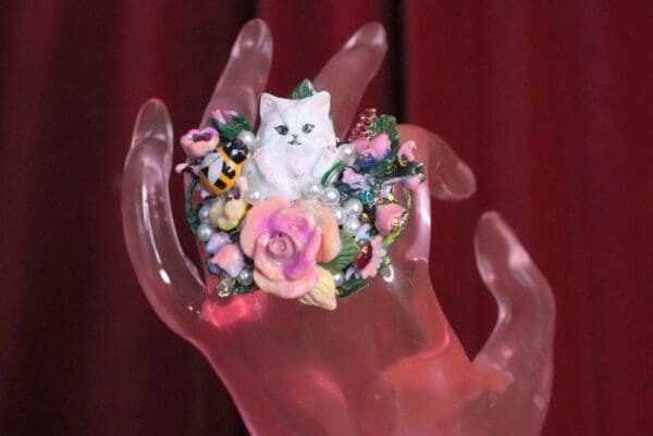 SOLD! 7046 Baroque Art Jewelry Kitty Cat Cocktail Adjustable Ring - Image 4