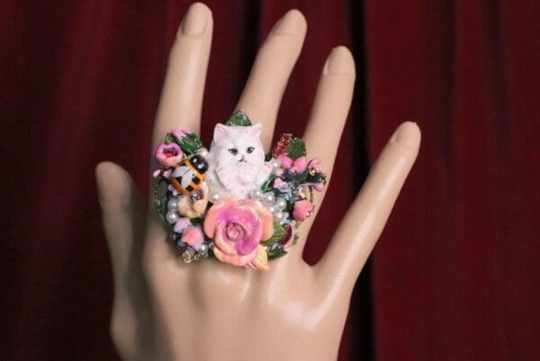 SOLD! 7046 Baroque Art Jewelry Kitty Cat Cocktail Adjustable Ring - Image 7