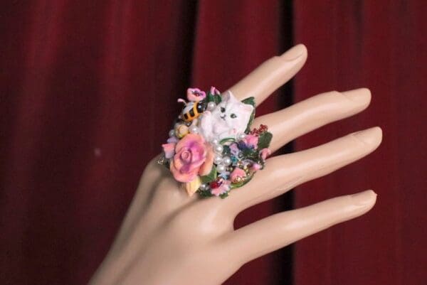 SOLD! 7046 Baroque Art Jewelry Kitty Cat Cocktail Adjustable Ring - Image 9