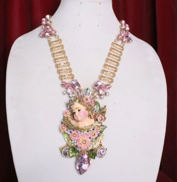 SOLD! 7047 Baroque Hand Painted Chubby Cherub Angel Huge Pendant Necklace