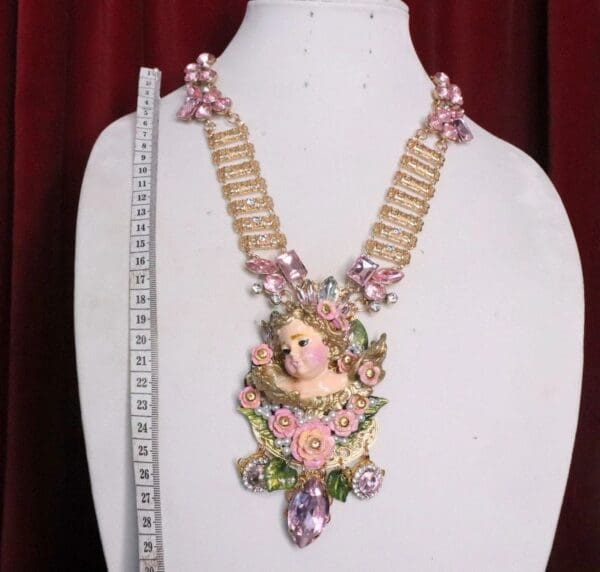 SOLD! 7047 Baroque Hand Painted Chubby Cherub Angel Huge Pendant Necklace - Image 5