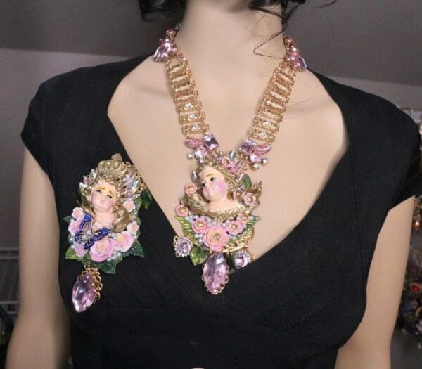 SOLD! 7047 Baroque Hand Painted Chubby Cherub Angel Huge Pendant Necklace - Image 3