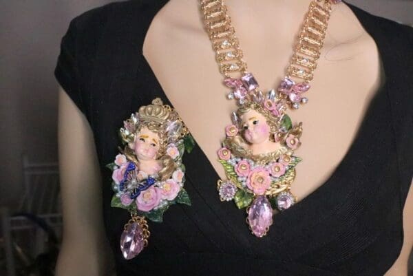 SOLD! 7047 Baroque Hand Painted Chubby Cherub Angel Huge Pendant Necklace - Image 9
