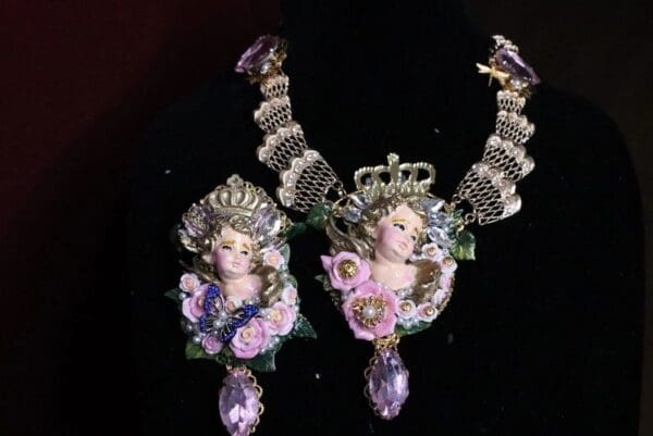 7048 Baroque Hand Painted Chubby Cherub Angel Winged Huge Pendant Necklace - Image 4