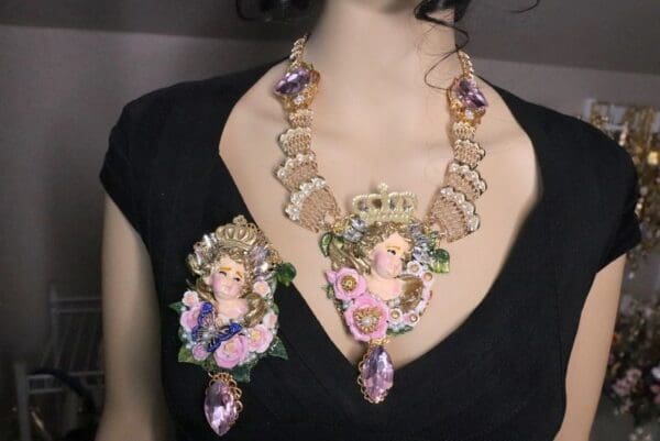 7048 Baroque Hand Painted Chubby Cherub Angel Winged Huge Pendant Necklace - Image 8