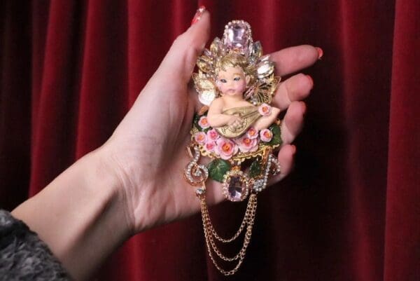 SOLD! 7050 Baroque Chubby Cherub Angel Musical Crystal Brooch - Image 3
