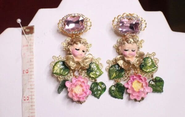SOLD! 7052 Baroque Sleeping Cherubs Hand Painted Earrings - Image 5