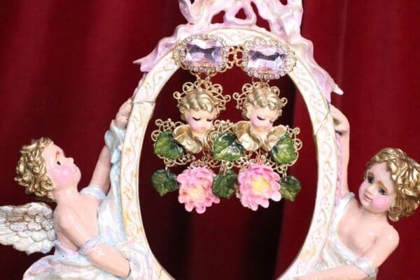 SOLD! 7052 Baroque Sleeping Cherubs Hand Painted Earrings