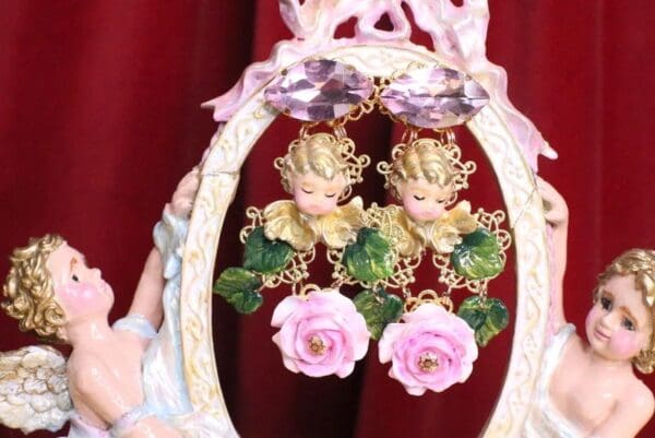 SOLD! 7053 Baroque Sleeping Cherubs Hand Painted Roses Earrings - Image 2