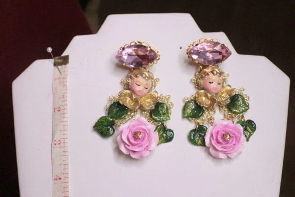 SOLD! 7053 Baroque Sleeping Cherubs Hand Painted Roses Earrings - Image 3