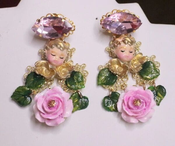 SOLD! 7053 Baroque Sleeping Cherubs Hand Painted Roses Earrings - Image 4