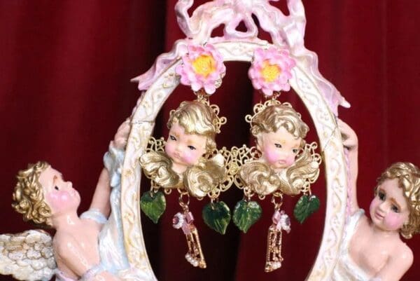 SOLD! 7054 Baroque Cherubs Hand Painted Roses Earrings - Image 2