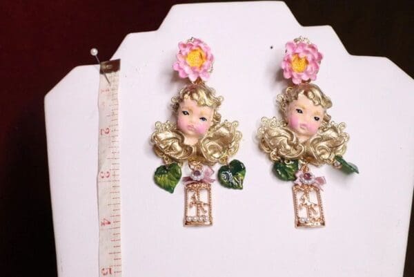 SOLD! 7054 Baroque Cherubs Hand Painted Roses Earrings - Image 4