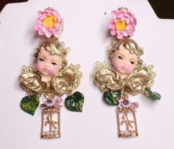 SOLD! 7054 Baroque Cherubs Hand Painted Roses Earrings