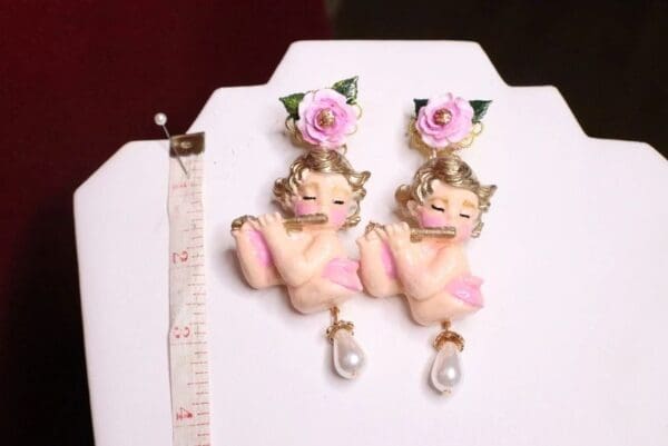 SOLD! 7055 Baroque Musical Cherubs Hand Painted Roses Earrings - Image 2