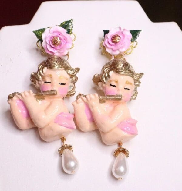 SOLD! 7055 Baroque Musical Cherubs Hand Painted Roses Earrings - Image 3
