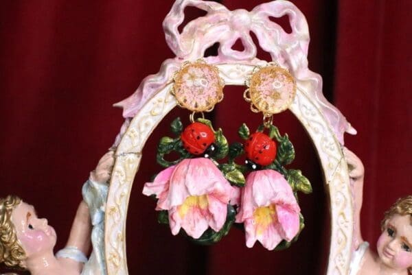 SOLD! 7064 Baroque Hand Painted Enamel Tulip Ladybug Earrings - Image 2