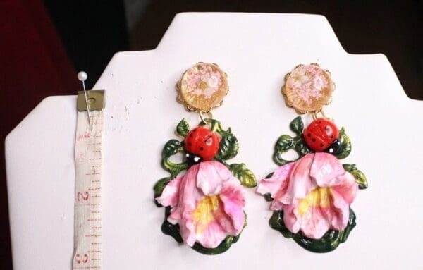 SOLD! 7064 Baroque Hand Painted Enamel Tulip Ladybug Earrings - Image 3