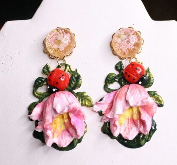 SOLD! 7064 Baroque Hand Painted Enamel Tulip Ladybug Earrings - Image 4