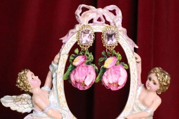 SOLD! 7065 Baroque Hand Painted Enamel Tulip Earrings - Image 2