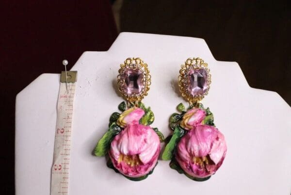 SOLD! 7065 Baroque Hand Painted Enamel Tulip Earrings - Image 3