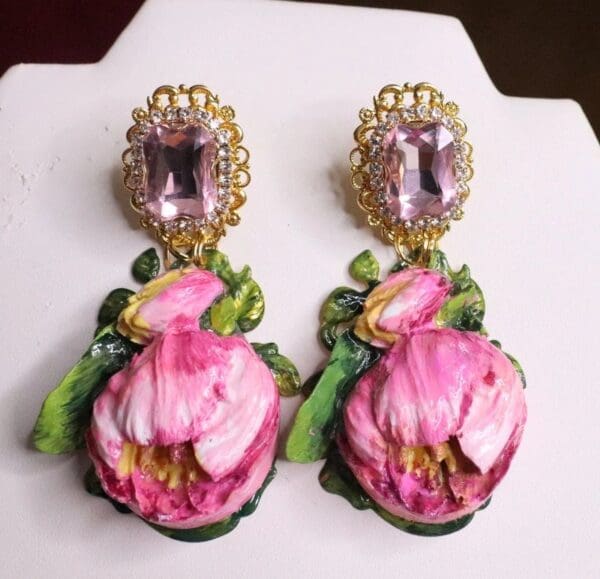 SOLD! 7065 Baroque Hand Painted Enamel Tulip Earrings - Image 4