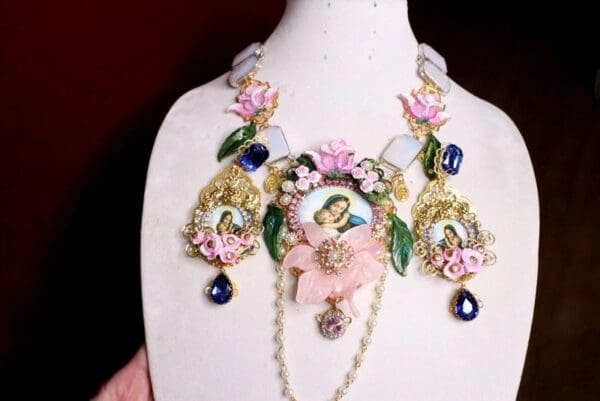 SOLD! 7074 Virgin Mary Genuine Milky Opal Roses Huge Necklace - Image 4