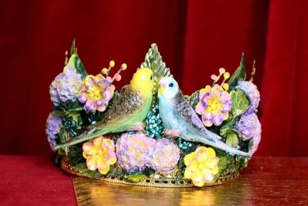 SOLD! 7076 Hand Painted Love Birds Parrots Flowers Headband Crown - Image 4