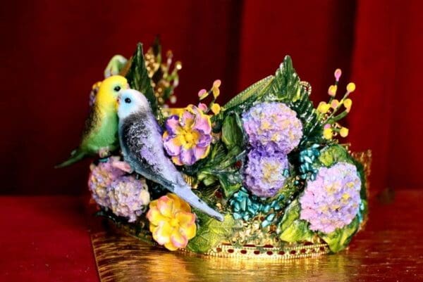 SOLD! 7076 Hand Painted Love Birds Parrots Flowers Headband Crown - Image 5