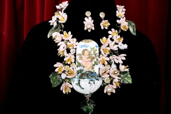 SOLD! 7077 Set Cherub Baroque Fountain Dangle Flowers Unique Necklace + Earrings - Image 2