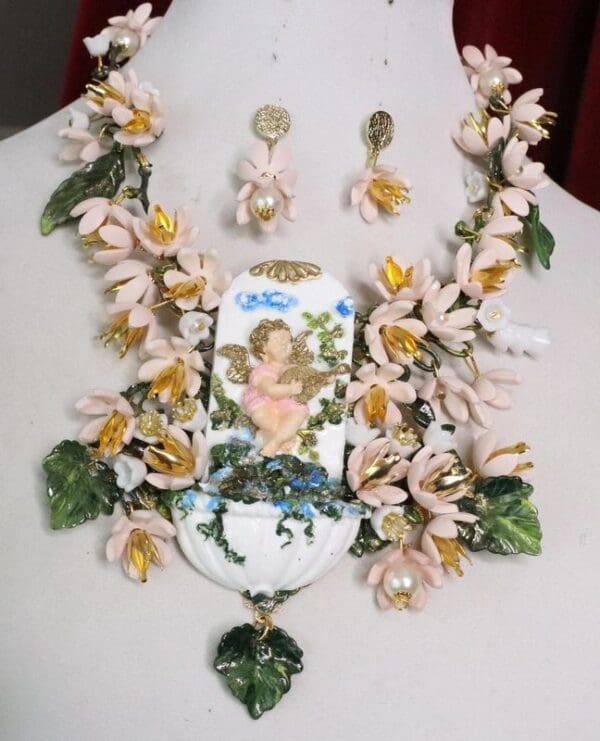 SOLD! 7077 Set Cherub Baroque Fountain Dangle Flowers Unique Necklace + Earrings