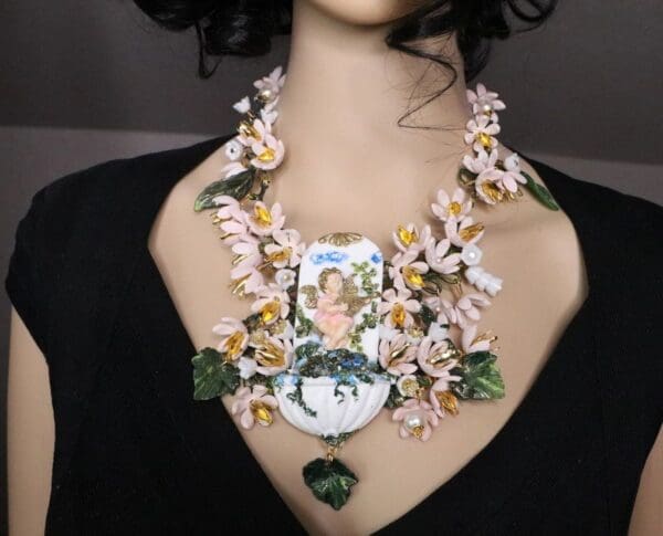 SOLD! 7077 Set Cherub Baroque Fountain Dangle Flowers Unique Necklace + Earrings - Image 4