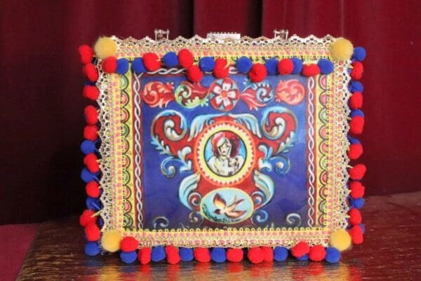 SOLD! 6287 Baroque Print Pom Pom Trunk Embellished Handbag