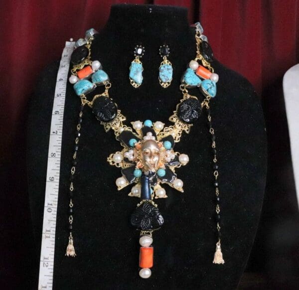 SOLD! 7081 Set Of The Great Gatsby Genuine Solar Quartz Coral Turquoise Mask Huge Necklace - Image 2