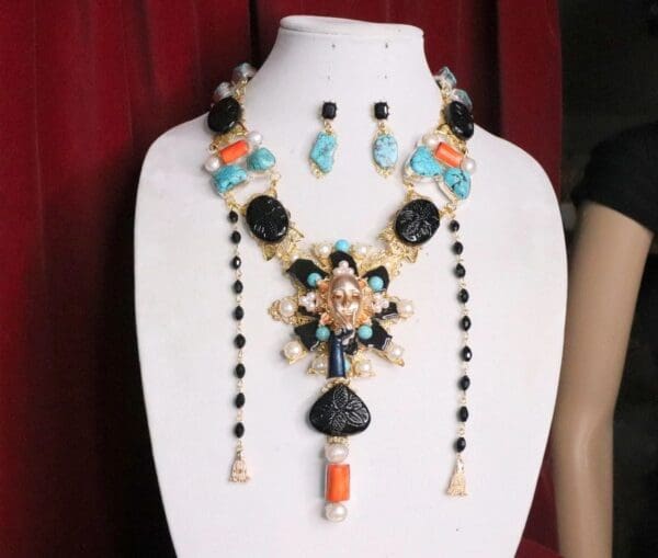 SOLD! 7081 Set Of The Great Gatsby Genuine Solar Quartz Coral Turquoise Mask Huge Necklace - Image 3