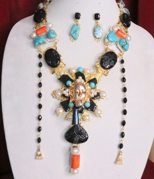 SOLD! 7081 Set Of The Great Gatsby Genuine Solar Quartz Coral Turquoise Mask Huge Necklace