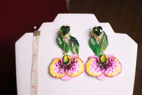 SOLD! 7086 Baroque Hand Painted Vivid Orchid Pink Flower Earrings - Image 7