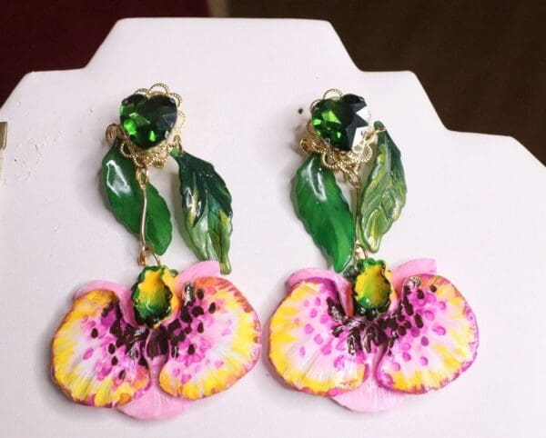 SOLD! 7086 Baroque Hand Painted Vivid Orchid Pink Flower Earrings