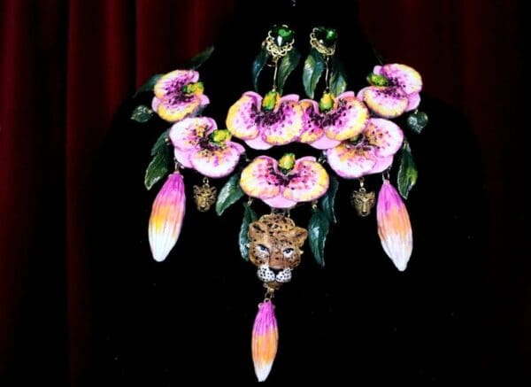 SOLD! 7087 Baroque Hand Painted 3 Leopards Orchids Massive Necklace - Image 9