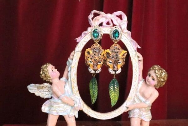 SOLD! 7088 Baroque Hand Painted Vivid Leopard Animal Leaf Earrings - Image 5