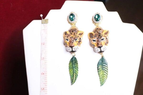 SOLD! 7088 Baroque Hand Painted Vivid Leopard Animal Leaf Earrings - Image 6