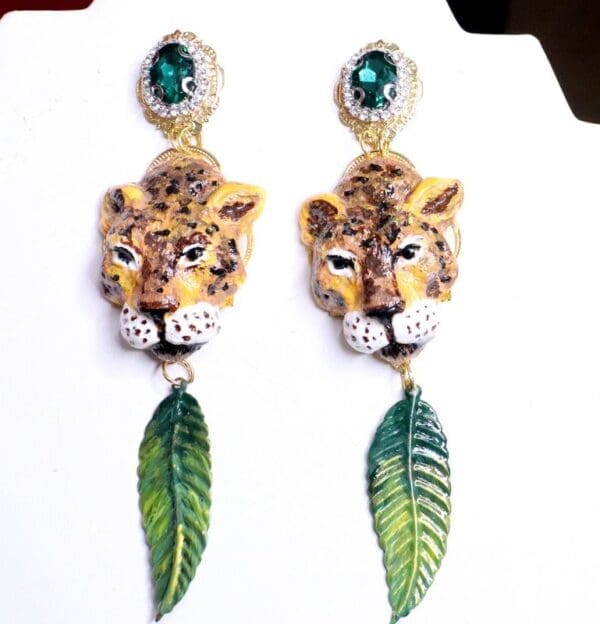 SOLD! 7088 Baroque Hand Painted Vivid Leopard Animal Leaf Earrings - Image 7