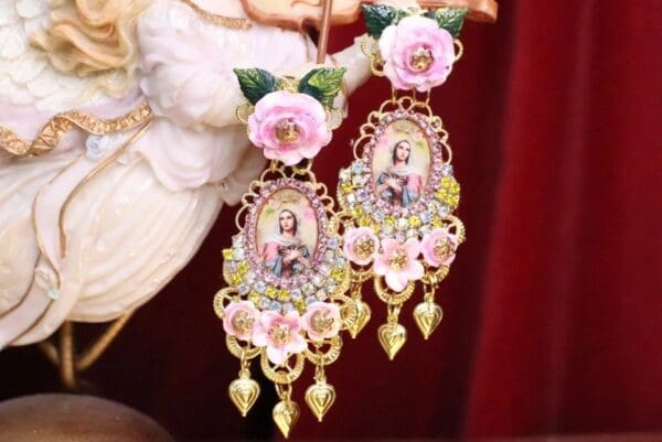 SOLD! 7092 Virgin Mary Delicate Pale Pink Rhinestones Earrings - Image 2