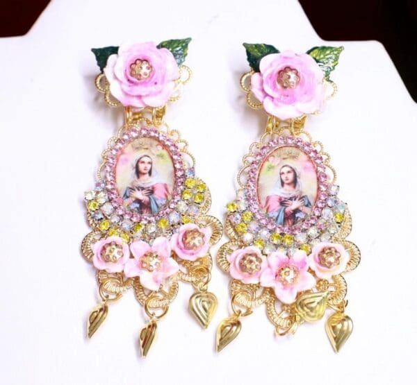 SOLD! 7092 Virgin Mary Delicate Pale Pink Rhinestones Earrings - Image 4