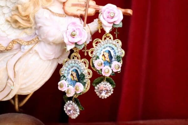 SOLD! 7093 Virgin Mary Delicate Blue Cameo Roses Rhinestones Earrings - Image 2