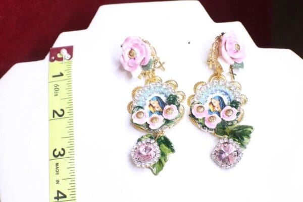 SOLD! 7093 Virgin Mary Delicate Blue Cameo Roses Rhinestones Earrings - Image 3