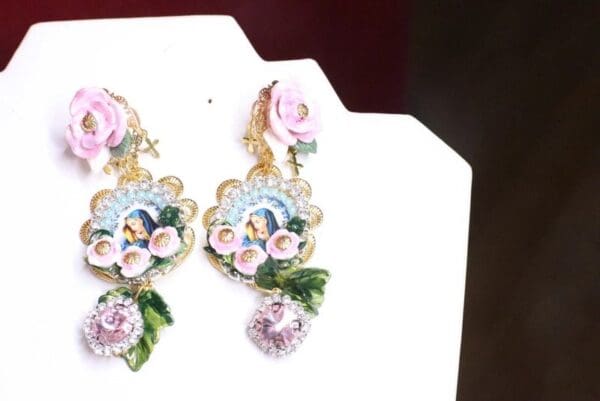SOLD! 7093 Virgin Mary Delicate Blue Cameo Roses Rhinestones Earrings - Image 4